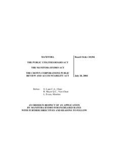 MANITOBA  Board Order[removed]THE PUBLIC UTILITIES BOARD ACT THE MANITOBA HYDRO ACT