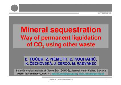 www.geology.sk  Mineral sequestration Way of permanent liquidation of CO2 using other waste Ľ. TUČEK, Z. NÉMETH, Ľ. KUCHARIČ,