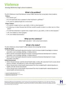 Violence Among Oklahoma high school students What is the problem? The 2013 Oklahoma Youth Risk Behavior Survey (YRBS) indicates that among high school students: Violence