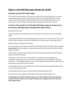 Motion[removed]AGM (Ray Logan, Member No[removed]Scrap the current CSI 50 Target League The market for 50 target leagues is currently at saturation point. Commercial Grounds are running 50 target leagues during the summe