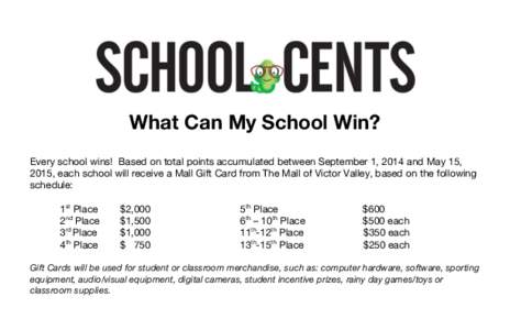 What Can My School Win? Every school wins! Based on total points accumulated between September 1, 2014 and May 15, 2015, each school will receive a Mall Gift Card from The Mall of Victor Valley, based on the following sc
