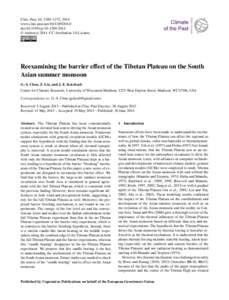 Clim. Past, 10, 1269–1275, 2014 www.clim-past.netdoi:cp © Author(sCC Attribution 3.0 License.  Reexamining the barrier effect of the Tibetan Plateau on the South