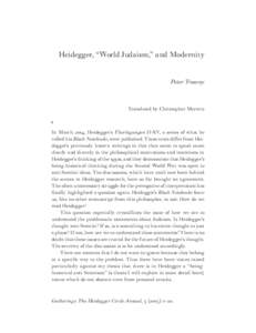 Heidegger, “World Judaism,” and Modernity Peter Trawny Translated by Christopher Merwin I