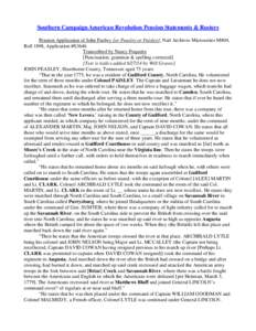 Southern Campaign American Revolution Pension Statements & Rosters Pension Application of John Pasltey [or Peasley or Paisley], Natl Archives Microseries M804, Roll 1898, Application #S3646 Transcribed by Nancy Poquette 