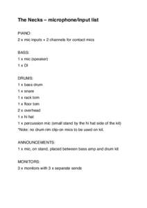 The Necks – microphone/input list PIANO: 2 x mic inputs + 2 channels for contact mics BASS: 1 x mic (speaker) 1 x DI