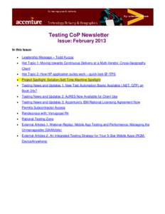 Testing CoP Newsletter Issue: February 2013 In this Issue:   Leadership Message – Todd Kuczaj