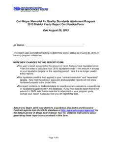 MSCD/ORCB/CMP_77 (REV[removed]Carl Moyer Memorial Air Quality Standards Attainment Program 2013 District Yearly Report Certification Form Due August 29, 2013