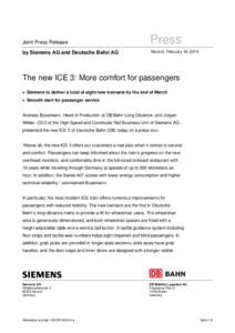 Joint Press Release by Siemens AG and Deutsche Bahn AG: The new ICE 3 - More comfort for passengers