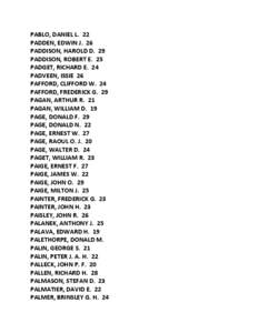 PABLO, DANIEL L. 22 PADDEN, EDWIN J. 26 PADDISON, HAROLD D. 29 PADDISON, ROBERT E. 25 PADGET, RICHARD E. 24 PADVEEN, ISSIE 26