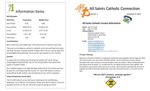 Information Items  All Saints Catholic Connection Volume 1  September 8, 2014