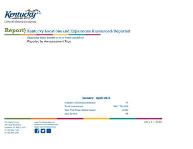 Report} Kentucky Locations and Expansions Announced/Reported Excluding those known to have been cancelled Reported by Announcement Type  January - April 2015