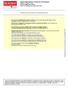 Radar Observations of Asteroid 216 Kleopatra Steven J. Ostro, et al. Science 288, [removed]); DOI: [removed]science[removed]This copy is for your personal, non-commercial use only.