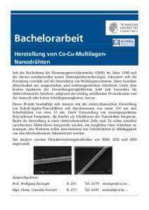 Bachelorarbeit Herstellung von Co-Cu-MultilagenNanodrähten Seit der Entdeckung des Riesenmagnetwiderstandes (GMR) im Jahre 1988 und der daraus resultierenden neuen Datenspeichertechnologie, fokussiert sich die Forschung