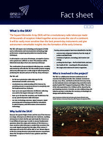 Fact sheet Fact sheet What is the SKA? The Square Kilometre Array (SKA) will be a revolutionary radio telescope made of thousands of receptors linked together across an area the size of a continent.