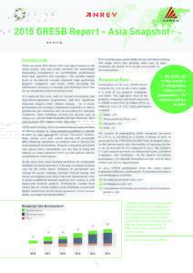 2015 GRESB Report - Asia Snapshot Introduction ESG considerations, particularly energy and climate change, will shape Asia’s fast growing cities and, in part, determine the health of its people and quality of