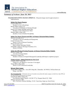 www.abhe.org  Summary of Actions: June 20, 2013 MAJOR SUBSTANTIVE CHANGE APPROVAL – Proposed changes must be approved prior to implementation. Initiate New Degree Program