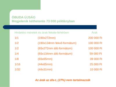 ÓBUDA ÚJSÁG Megjelenik kéthetentepéldányban Hirdetési méretek és árak fekete-fehérben Árak