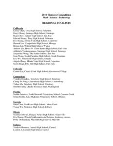 2010 Siemens Competition Math : Science : Technology REGIONAL FINALISTS California Lesley Chan, Troy High School, Fullerton