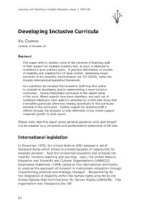Learning and Teaching in Higher Education, Issue 3, [removed]Developing Inclusive Curricula Val Chapman University of Worcester, UK