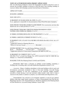 TOWN OF ACWORTH BUILDING PERMIT APPLICATION (Per Acworth Zoning Ordinance Article XI, Paragraph B: It shall be unlawful to erect or relocate any dwelling, building or structure or alter the bulk of any dwelling, building