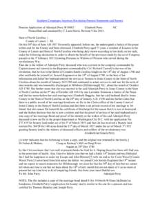 Southern Campaigns American Revolution Pension Statements and Rosters Pension Application of Adonijah Perry W10882 Elizabeth Perry Transcribed and annotated by C. Leon Harris. Revised 9 Jan[removed]NC