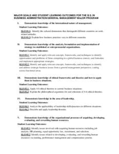 MAJOR GOALS AND STUDENT LEARNING OUTCOMES FOR THE B.S. IN BUSINESS ADMINISTRATION/GENERAL MANAGEMENT MAJOR PROGRAM I. Demonstrate knowledge of the international nature of management. Student Learning Outcomes: