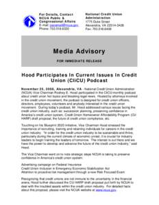 Media Advisory - Hood Participates In Current Issues In Credit Union (CliCU) Podcast