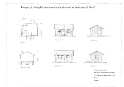 Exempel på ritning för komplementbostadshus med en bruttoarea på 25 m2  Fastighetsbeteckning: Nybyggnad av komplementbostadshus Plan, fasader och sektion skala 1:100 Datum:
