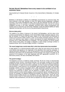 DeLisle Worrell: Barbadians have every reason to be confident of our economic future Op-ed article by Dr DeLisle Worrell, Governor of the Central Bank of Barbados, 31 October 2013. *