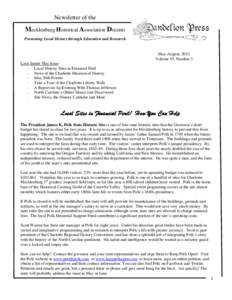 Newsletter of the  Mecklenburg Historical Association Docents Promoting Local History through Education and Research  May-August, 2013