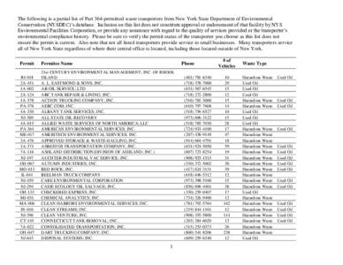 The following is a partial list of Part 364-permitted waste transporters from New York State Department of Environmental Conservation (NYSDEC)’s database. Inclusion on this list does not constitute approval or endorsem