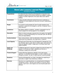 May 14, 2013  Slave Lake Lessons Learned Report Summary of Themes Preparedness