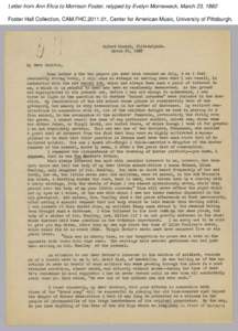 Letter from Ann Eliza to Morrison Foster, retyped by Evelyn Morneweck, March 23, 1882 Foster Hall Collection, CAM.FHC[removed], Center for American Music, University of Pittsburgh. Letter from Ann Eliza to Morrison Foste