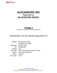 ALEXANDERS INC Reported by SILVERSTEIN WENDY FORM 4