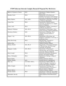 FY09 Tuberous Sclerosis Complex Research Program Peer Reviewers