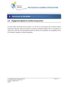 POLITIQUES DU CONSEIL D‘ÉDUCATION  PROCESSUS DE GOUVERNE 1.0 Engagement global en matière de gouverne