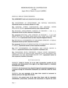 MEMORANDUM OF COOPERATION on the Agno River Basin Council (ARBC) KNOW ALL MEN BY THESE PRESENTS: This AGREEMENT made and entered into by and among: