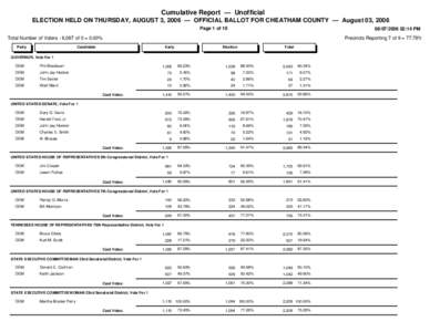 Cumulative Report — Unofficial ELECTION HELD ON THURSDAY, AUGUST 3, 2006 — OFFICIAL BALLOT FOR CHEATHAM COUNTY — August 03, 2006 Page 1 of[removed]:14 PM