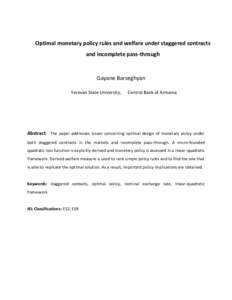 Optimal monetary policy rules and welfare under staggered contracts and incomplete pass-through Gayane Barseghyan Yerevan State University,