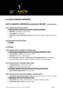 2ND AACTA AWARDS NOMINEES AACTA AWARDS LUNCHEON presented by DELUXE - 28 JANUARY 2013 AACTA AWARD FOR BEST VISUAL EFFECTS • Iron Sky. Samuli Torssonen, Jussi Lehtiniemi, Juuso Kaari, Kelly Myers. • Killer Elite. Inek