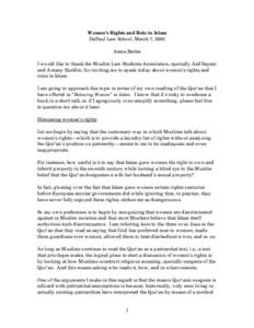 Women’s Rights and Role in Islam DePaul Law School, March 7, 2005 Asma Barlas I would like to thank the Muslim Law Students Association, specially Asif Sayani and Amany Ezeldin, for inviting me to speak today about wom