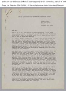 Letter from Dan Betzhoover to Morrison Foster (retyped by Evelyn Morneweck), February 8, 1849 Foster Hall Collection, CAM.FHC[removed], Center for American Music, University of Pittsburgh. Letter from Dan Betzhoover to M