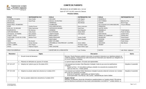 COMITÉ DE PARENTS RÉUNION DU 30 OCTOBRE 2013 –19 h 30 Salle[removed]A du 643, avenue du Cénacle PROCÈS-VERBAL ÉCOLE