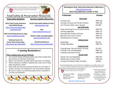 Washington State University Extension Publications http://pubs.wsu.edu Search by publication number or title Food Safety & Preservation Resources Food Safety Websites