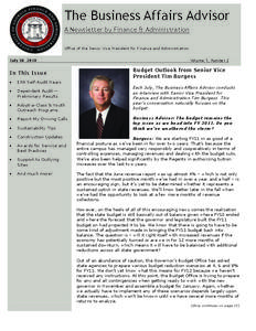 The Business Affairs Advisor A Newsletter by Finance & Administration Office of the Senior Vice President for Finance and Administration July 30, 2010