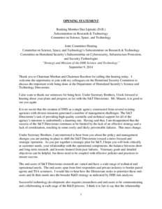 OPENING STATEMENT Ranking Member Dan Lipinski (D-IL) Subcommittee on Research & Technology Committee on Science, Space, and Technology Joint Committee Hearing Committee on Science, Space, and Technology’s Subcommittee 