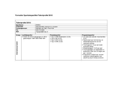 Formulier Sporttakspecifiek TalentprofielTalentprofiel 2015: Sportbond Onderdeel Contactpersoon