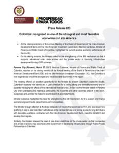 Press Release 023 Colombia: recognized as one of the strongest and most favorable economies in Latin America   