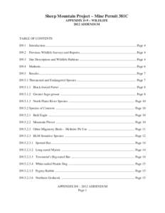 Sheep Mountain Project – Mine Permit 381C APPENDIX D-9 – WILDLIFE 2012 ADDENDUM TABLE OF CONTENTS D9.1