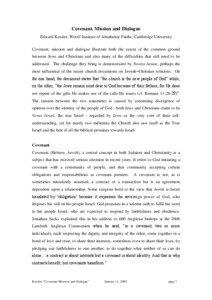 Covenant, Mission and Dialogue Edward Kessler, Woolf Institute of Abrahamic Faiths, Cambridge University Covenant, mission and dialogue illustrate both the extent of the common ground